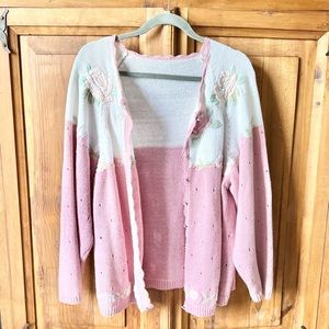 Vintage Pink Knit Floral Embroidered Cardigan Size Large